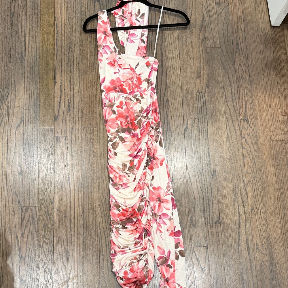 JLUXLABEL Pink Floral Ruched One-Shoulder Dress